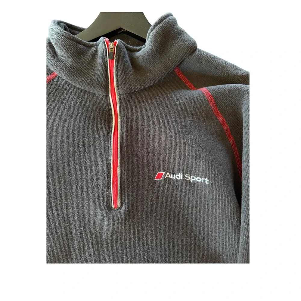 Audi Sport Mens L Quarter Zip Fleece Pullover Black Red Contrast Stitch